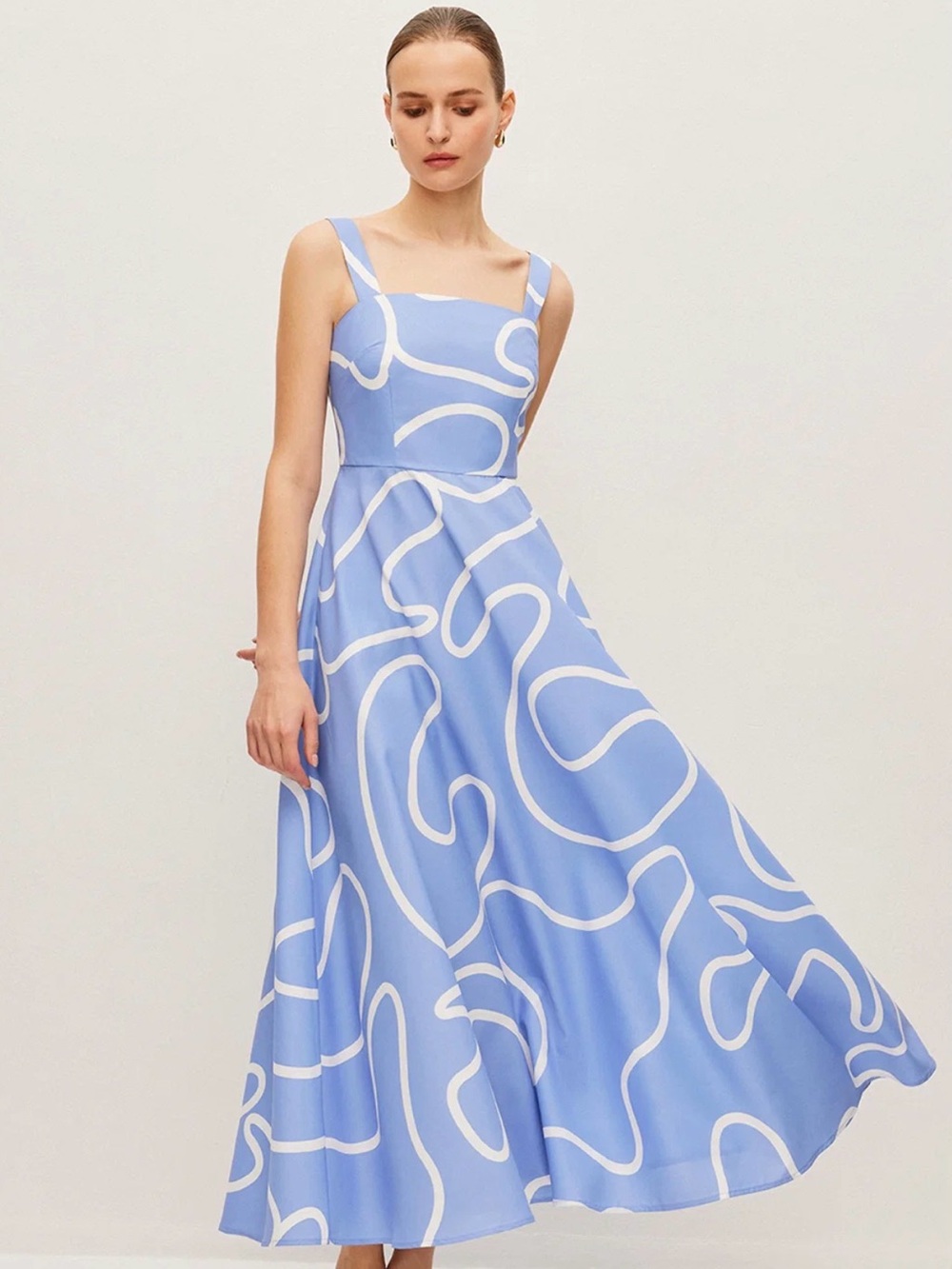 Abstract Line Print Square Strap Dress (Pocket)